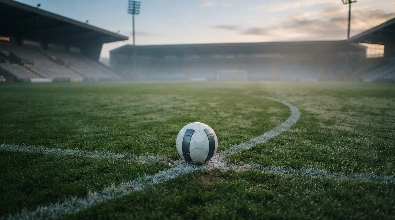 Ein einzelner Fussball liegt auf dem Anstosspunkt eines leeren Rasenplatzes am frühen Morgen, Tau glitzert auf dem Gras, die Tribüne liegt im Dunst.