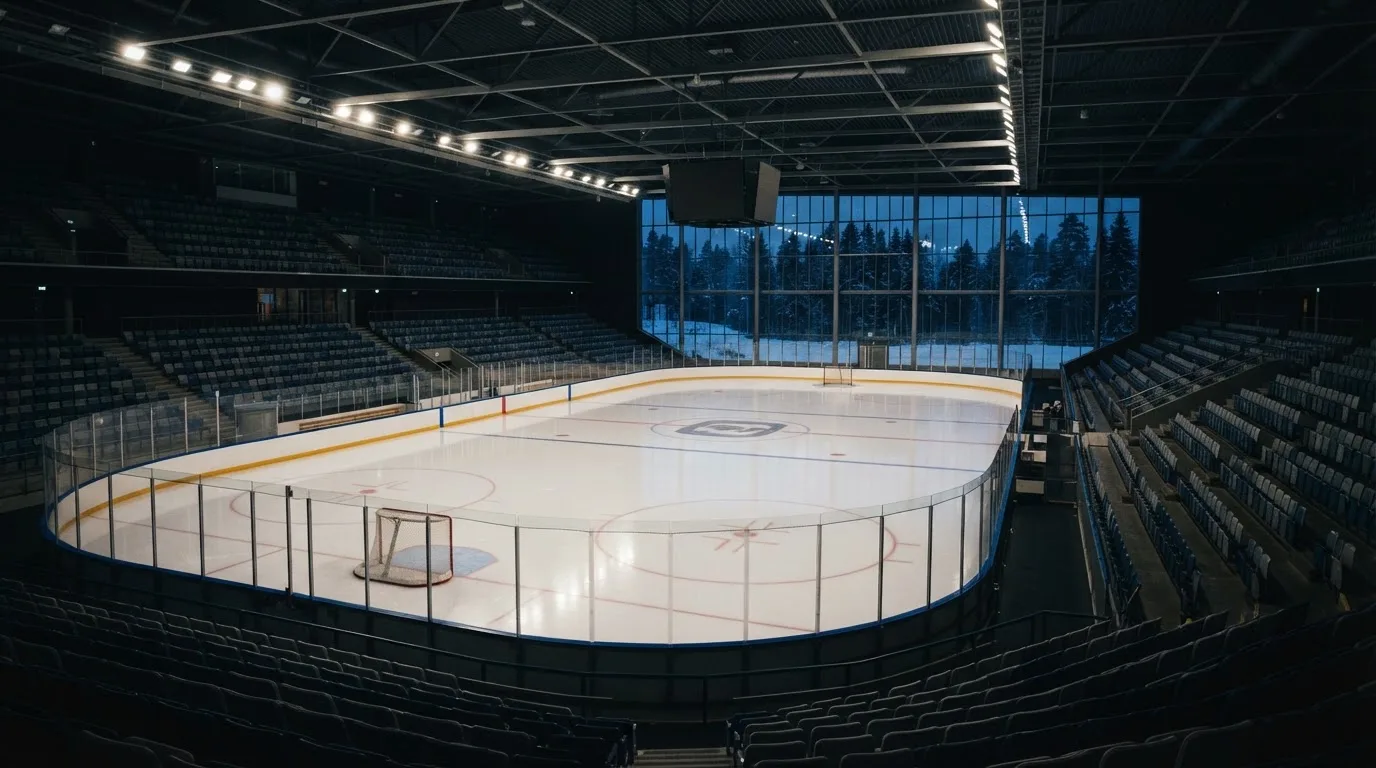 Eine Eishalle von Weitem unter Flutlicht, die leere Eisfläche glänzt, auf den Rängen sitzt niemand, draussen liegt Schnee.