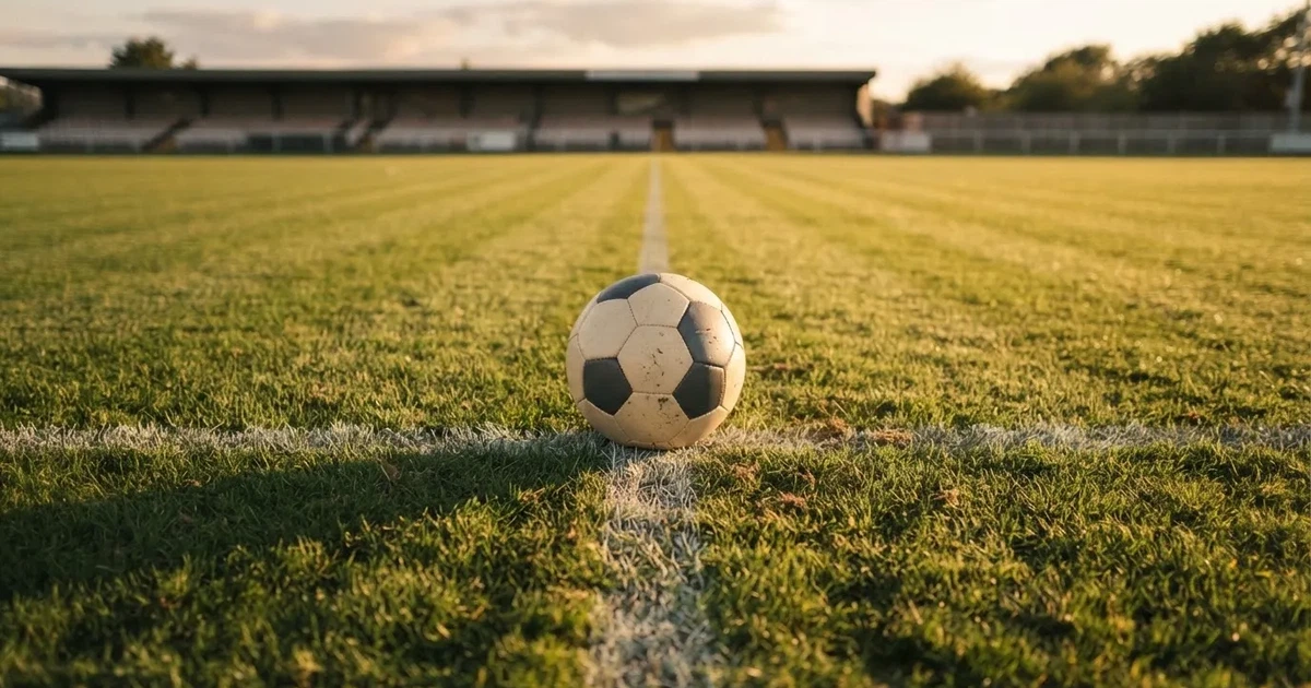 Ein Fussball liegt auf dem Mittelkreis eines Rasenfelds, die weissen Linien kreuzen sich auf dem gepflegten Gras im warmen Abendlicht.