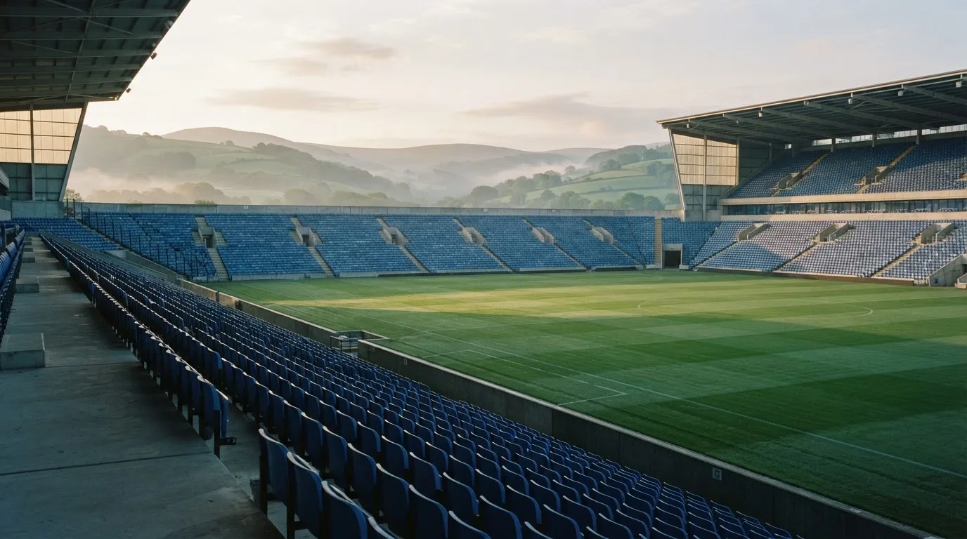 Ein leeres Stadion im Morgenlicht mit Blick auf die Sitzreihen, im Hintergrund Hügel und aufsteigender Nebel.