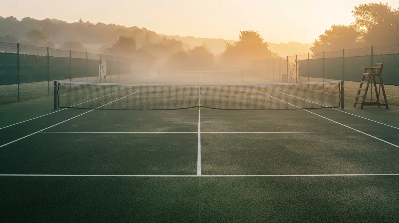 Ein Tennisplatz bei Sonnenaufgang, die Linien frisch gezogen, das Netz in der Mitte und Nebel über dem Boden.