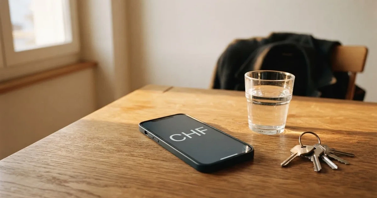 Ein Smartphone mit schwarzem Display liegt auf einem Holztisch neben einem Glas Wasser und einem Schlüsselbund.