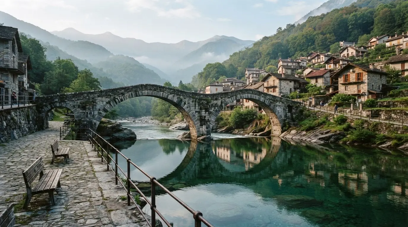 Eine alte Steinbrücke über einen ruhigen Fluss, dahinter Häuser mit Ziegeldächern und bewaldete Hügel.