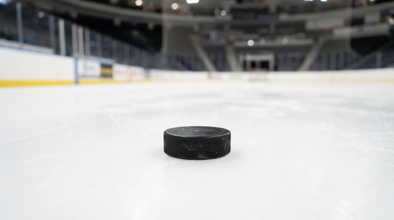 Ein Eishockeypuck liegt auf dem Eis, im Hintergrund unscharf die Bande unter hellem Hallenlicht.