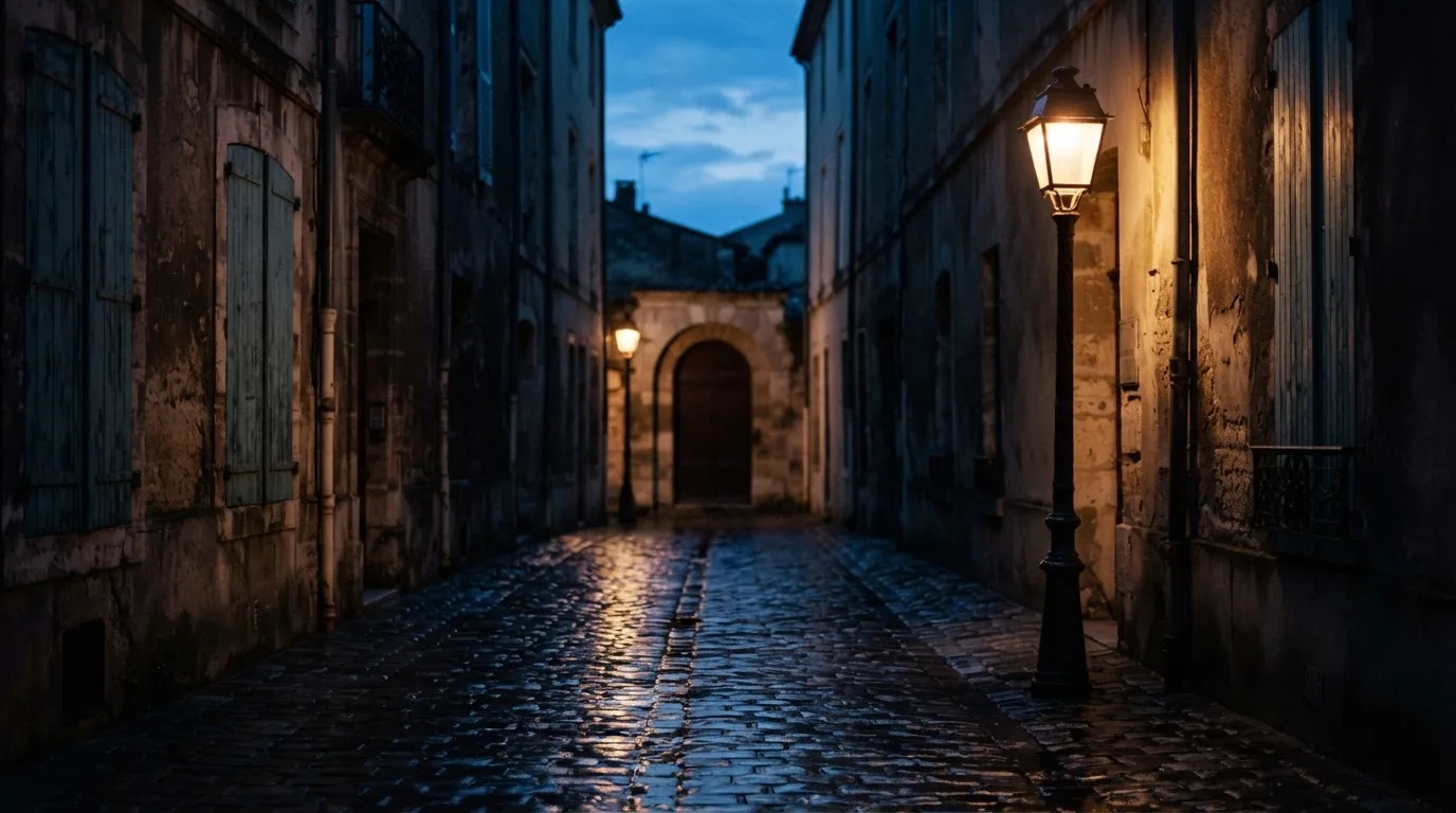 Eine Strassenlaterne in einer leeren Gasse am Abend, das nasse Kopfsteinpflaster spiegelt das warme Licht.