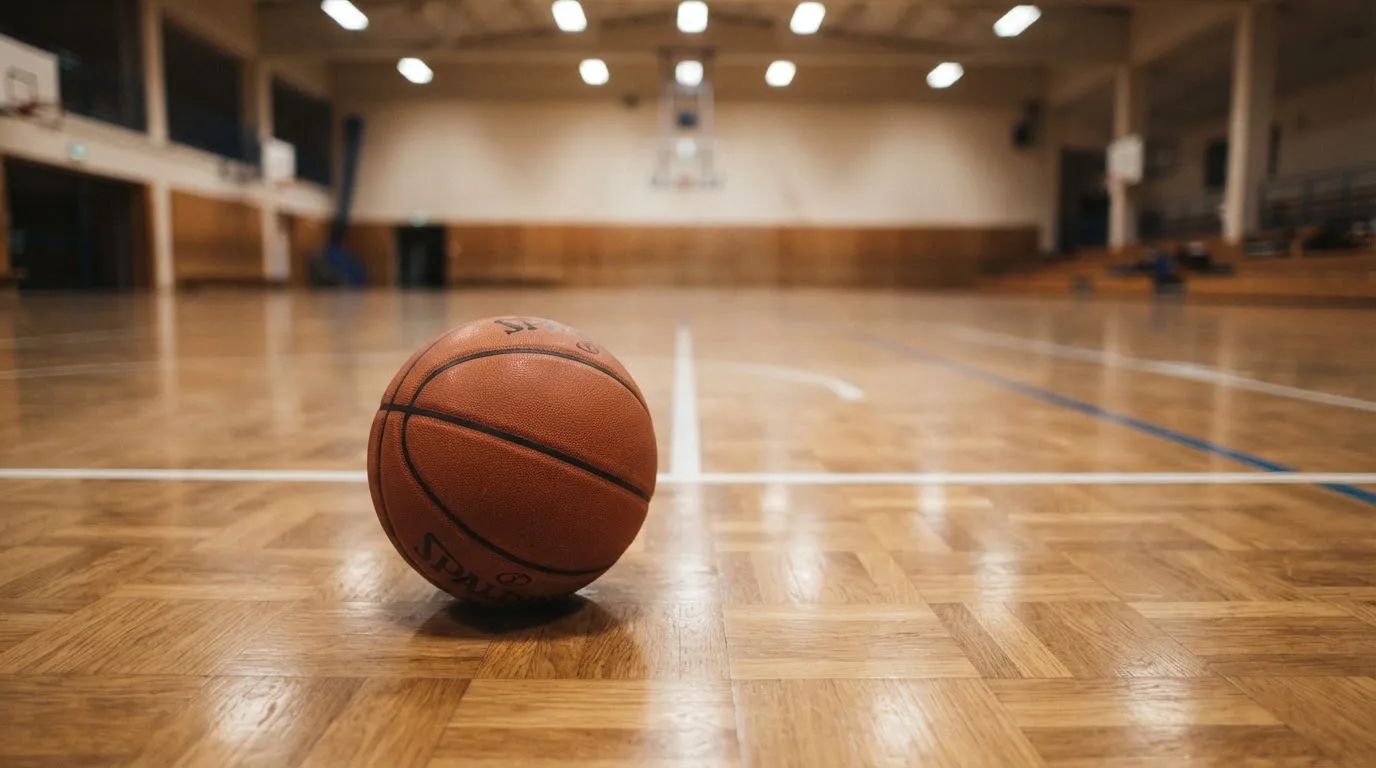 Ein Basketball liegt auf dem Parkett einer leeren Halle, die Deckenlichter spiegeln sich im glänzenden Boden.
