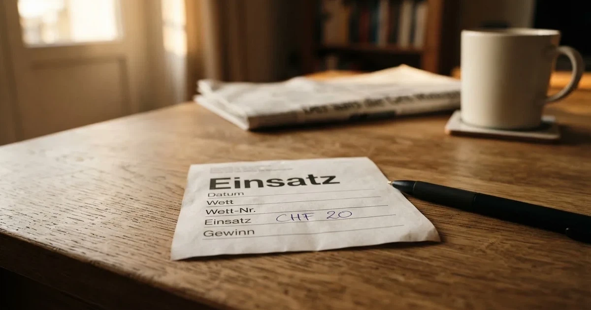 Ein leerer Wettschein aus Papier liegt neben einem Kugelschreiber auf einem Holztisch, weiches Licht fällt von der Seite.
