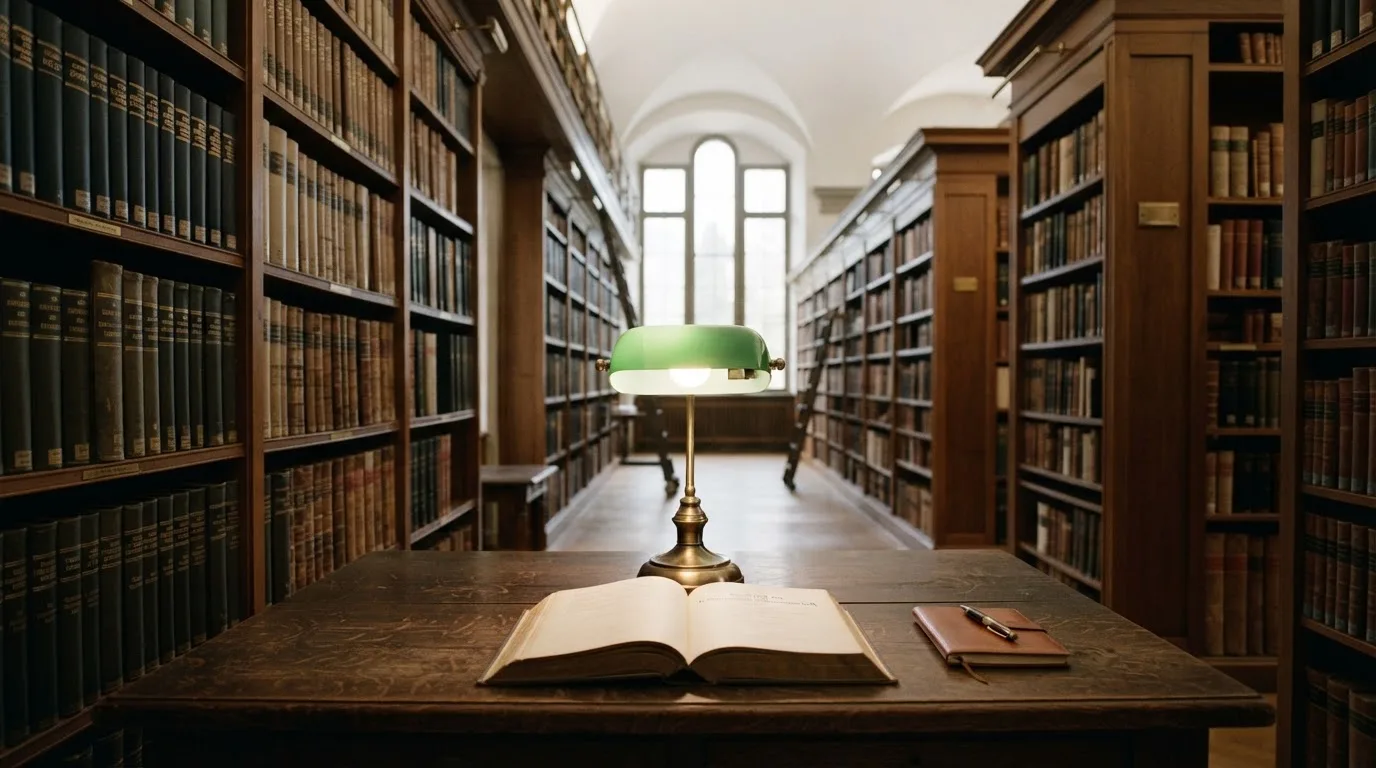 Eine Bibliothek mit hohen Holzregalen voller Bücher, im Vordergrund ein Lesetisch mit grüner Lampe.