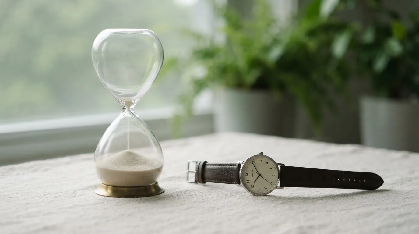 Eine Sanduhr steht auf einem Tisch neben einer Armbanduhr, weiches Fensterlicht, verschwommene Pflanze im Hintergrund.