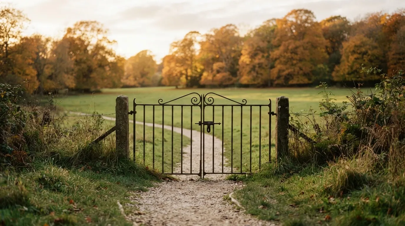 Ein Gartentor aus Metall steht geschlossen am Ende eines Kieswegs, dahinter Wiese und Bäume im Herbstlicht.