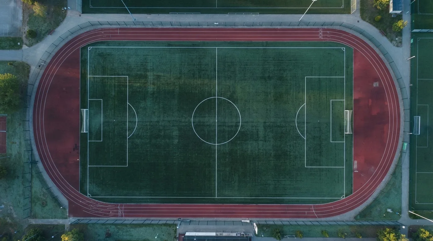 Ein Fussballplatz von oben gesehen, die Linien bilden ein helles Muster auf dem Rasen, Drohnenperspektive in der Morgendämmerung.