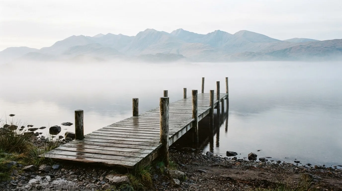 Ein Seeufer mit einem hölzernen Steg, Nebel liegt über dem Wasser, am anderen Ufer erheben sich Berge.