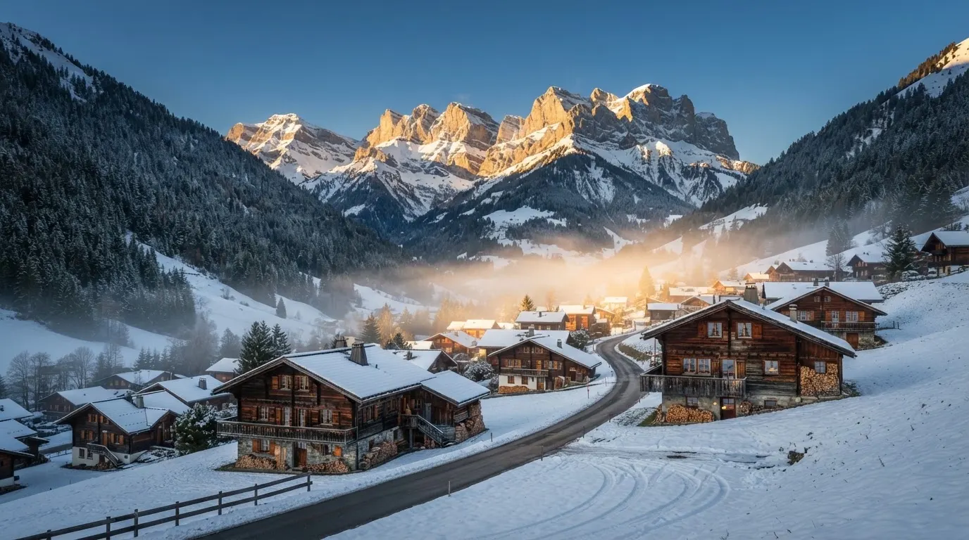 Ein Bergdorf mit Holzhäusern im Tal an einem klaren Morgen, über den Dächern liegen Nebelschwaden und am Himmel Gipfel.