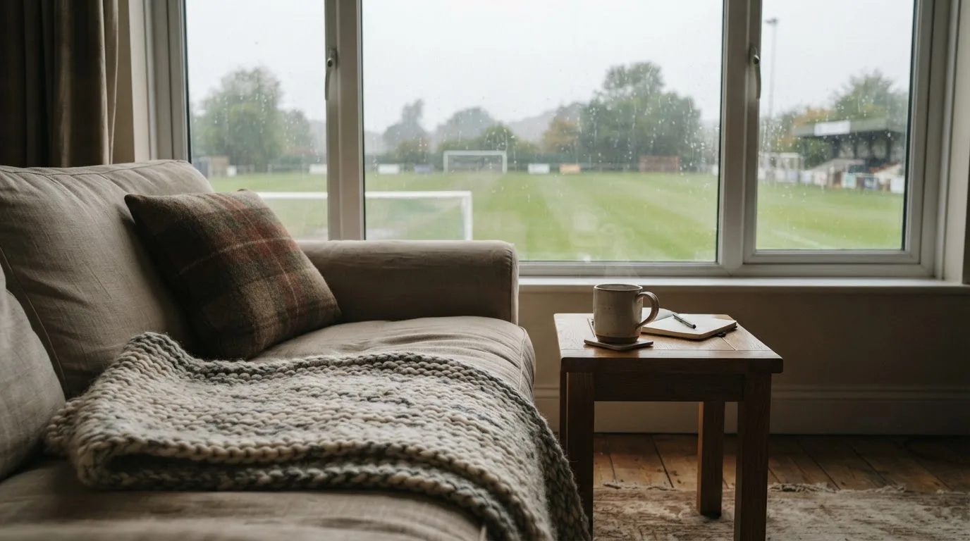Ein Sofa mit Wolldecke steht vor einem grossen Fenster, draussen Regen und in der Ferne ein Fussballplatz.