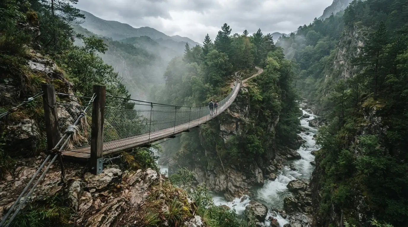 Eine Hängebrücke spannt sich über eine tiefe Schlucht, unten rauscht ein Fluss zwischen bewaldeten Felswänden.