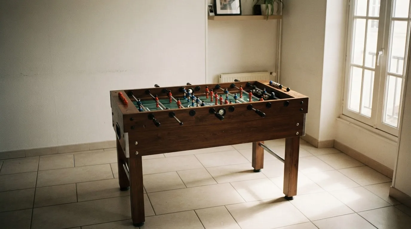 Ein Tischfussballtisch steht in einem leeren Aufenthaltsraum, Nachmittagslicht fällt durch ein Fenster.