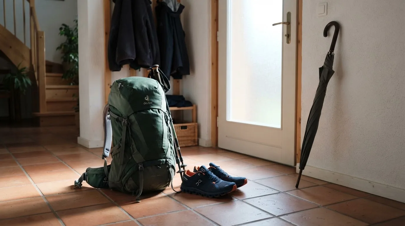 Ein Rucksack und Turnschuhe stehen an einer Haustür, daneben ein Regenschirm, durch das Glas fällt Morgenlicht.