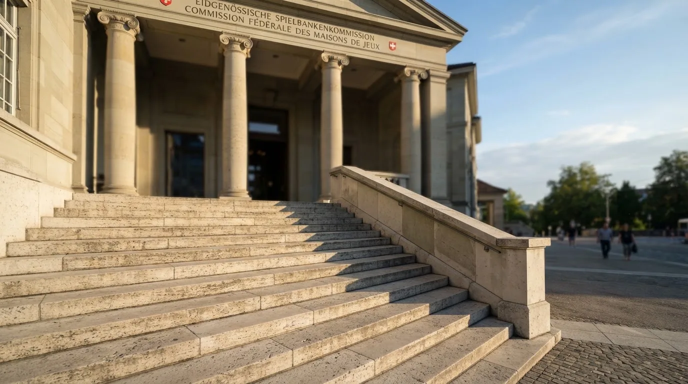Eine breite Steintreppe führt zu einem Gebäude mit Säulen, die Morgensonne scheint, niemand ist zu sehen.