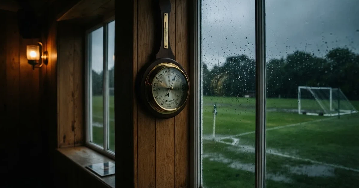 Ein Wetterbarometer hängt an einer Holzwand neben einem Fenster, draussen liegt ein nasser Fussballplatz im Regen.