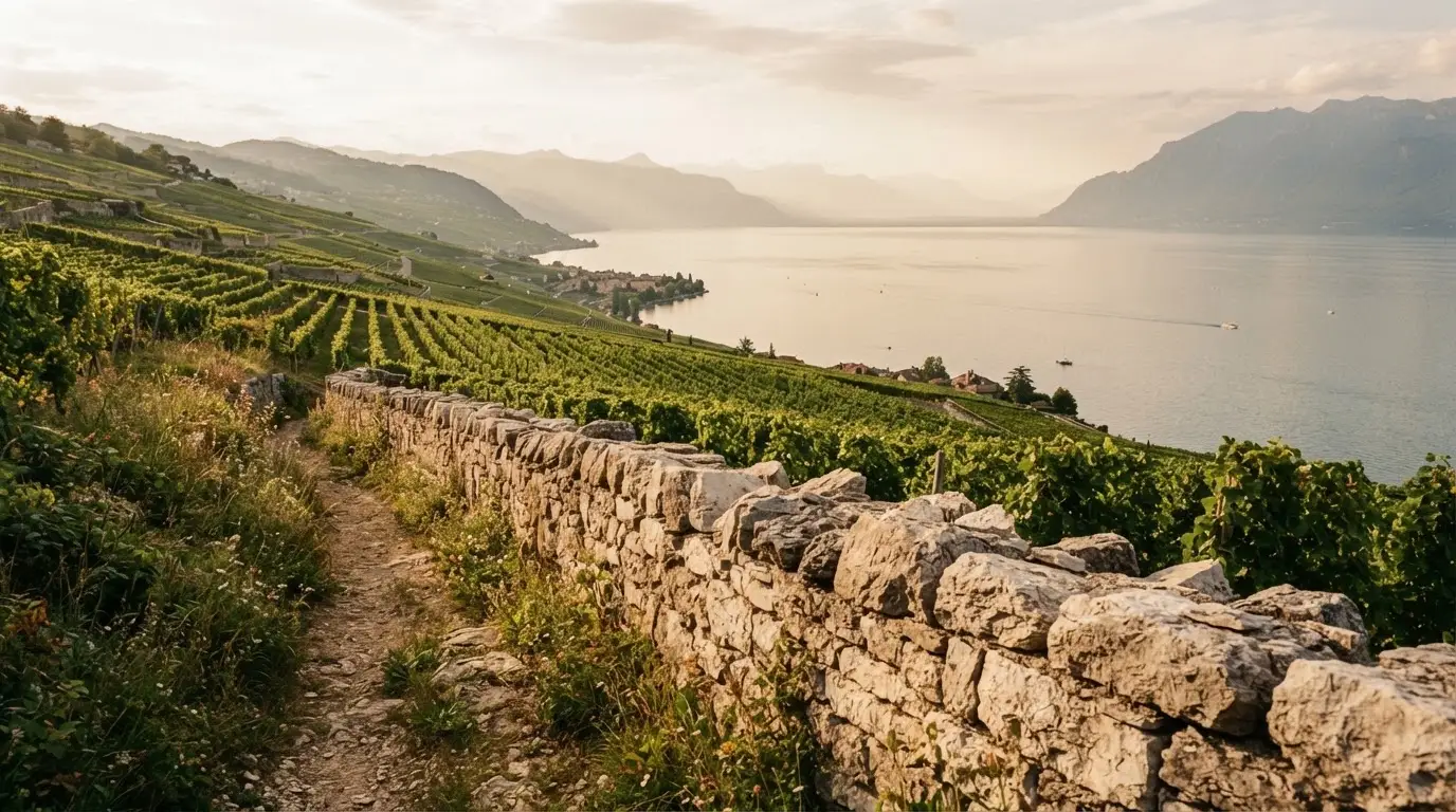 Eine Mauer aus Natursteinen am Wegrand, dahinter Weinberge, die zu einem See hinabführen.