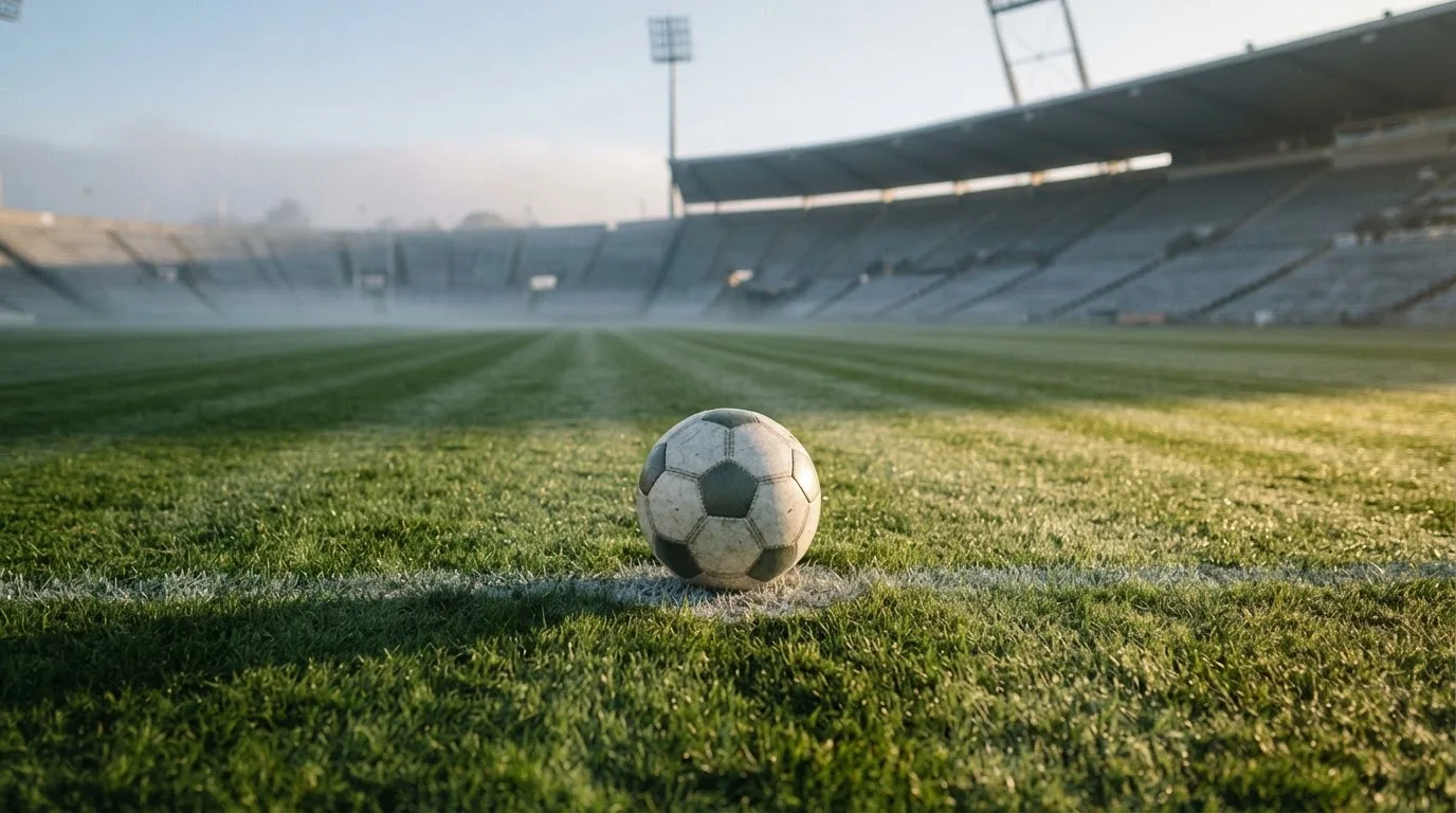 Ein Fussball liegt auf dem Anstosspunkt eines leeren Rasenplatzes im frühen Morgenlicht, dahinter erhebt sich eine menschenleere Tribüne.