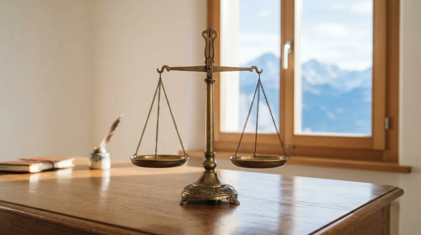 Eine Waage aus Messing steht auf einem polierten Schreibtisch in einem hellen Büro, durch das Fenster sind ferne Berge zu sehen.