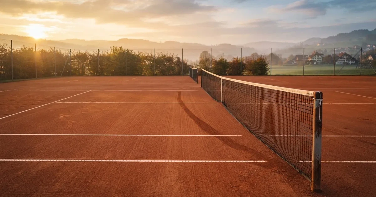 Ein Sandplatz für Tennis liegt bei Sonnenaufgang still da, das Netz wirft einen langen Schatten über die weissen Linien.