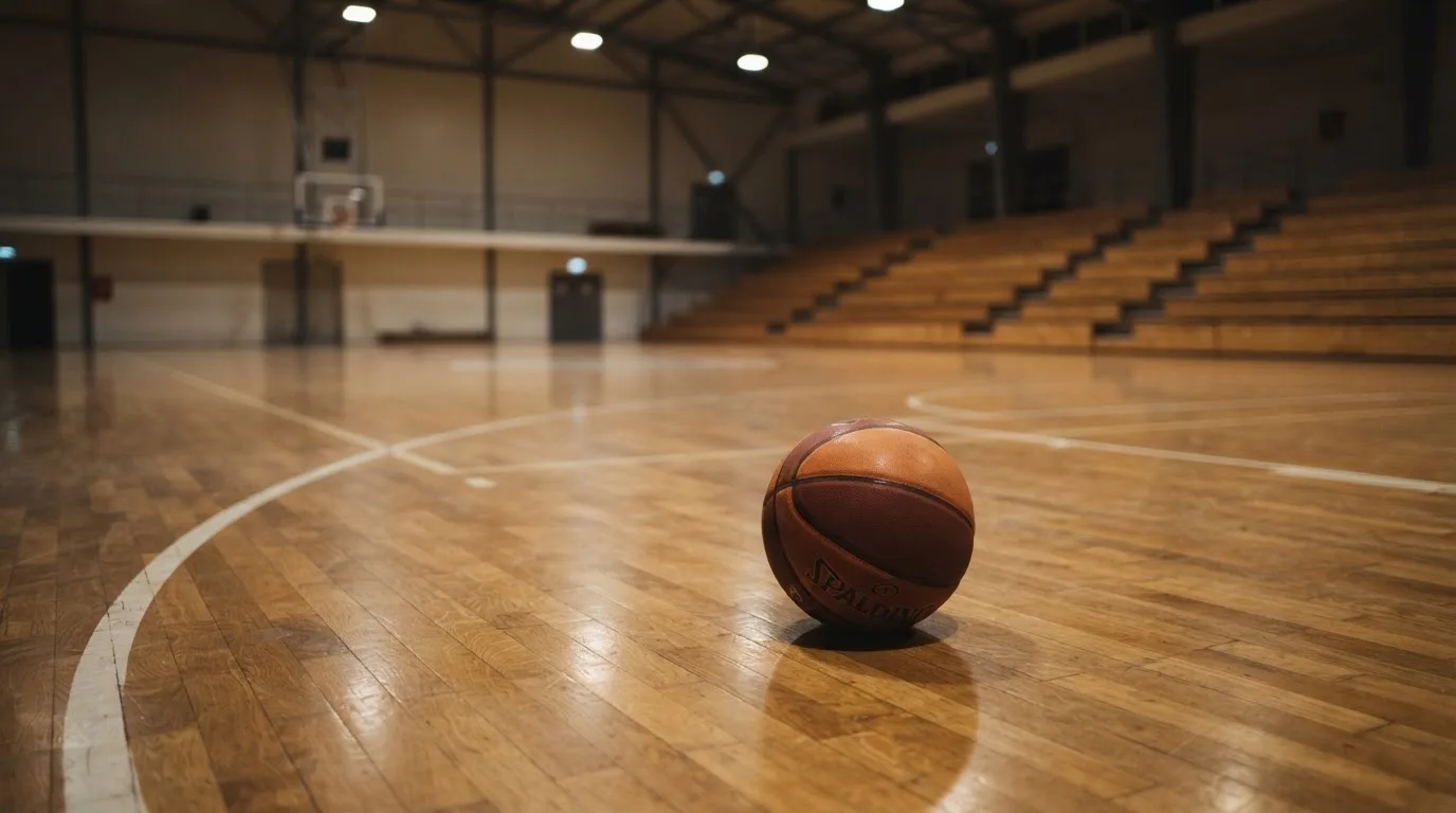 Ein Basketball liegt auf dem Parkett einer leeren Halle, von den Deckenlampen fällt gleichmässiges Licht auf den Boden.