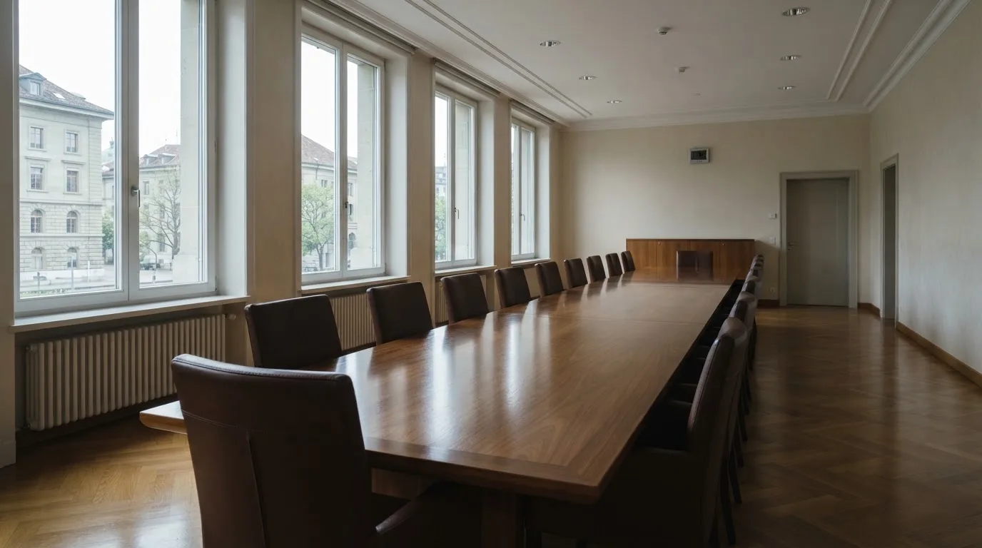 Ein leerer Sitzungssaal mit langem Holztisch und Lederstühlen, durch hohe Fenster fällt Tageslicht auf den Boden.