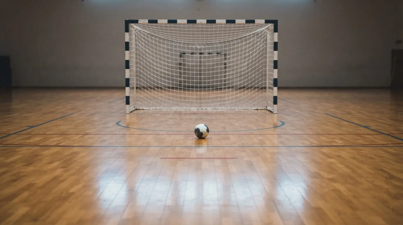 Ein Handballtor in einer leeren Sporthalle, der Ball liegt im Torraum und das Hallenlicht spiegelt sich im Parkett.