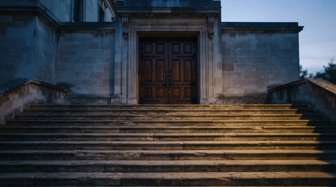 Eine breite Steintreppe führt zu einem hohen Portal aus dunklem Holz, das Licht der Dämmerung liegt auf den Stufen.