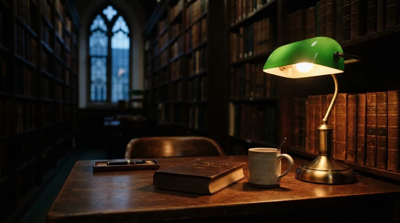 Eine Tischlampe mit grünem Schirm leuchtet auf einem Schreibtisch in einer stillen Bibliothek mit hohen Regalen.