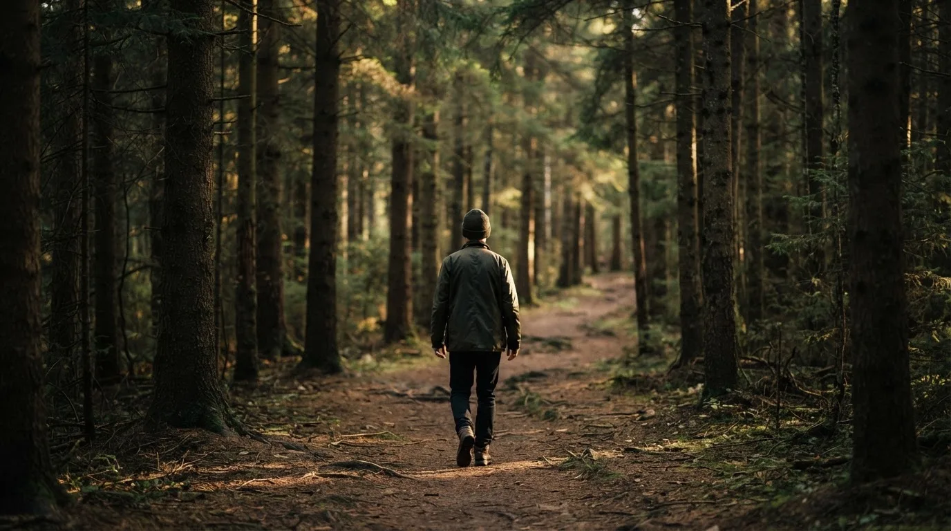 Eine Person von hinten auf einem Waldweg, die langsam zwischen hohen Tannen geht.