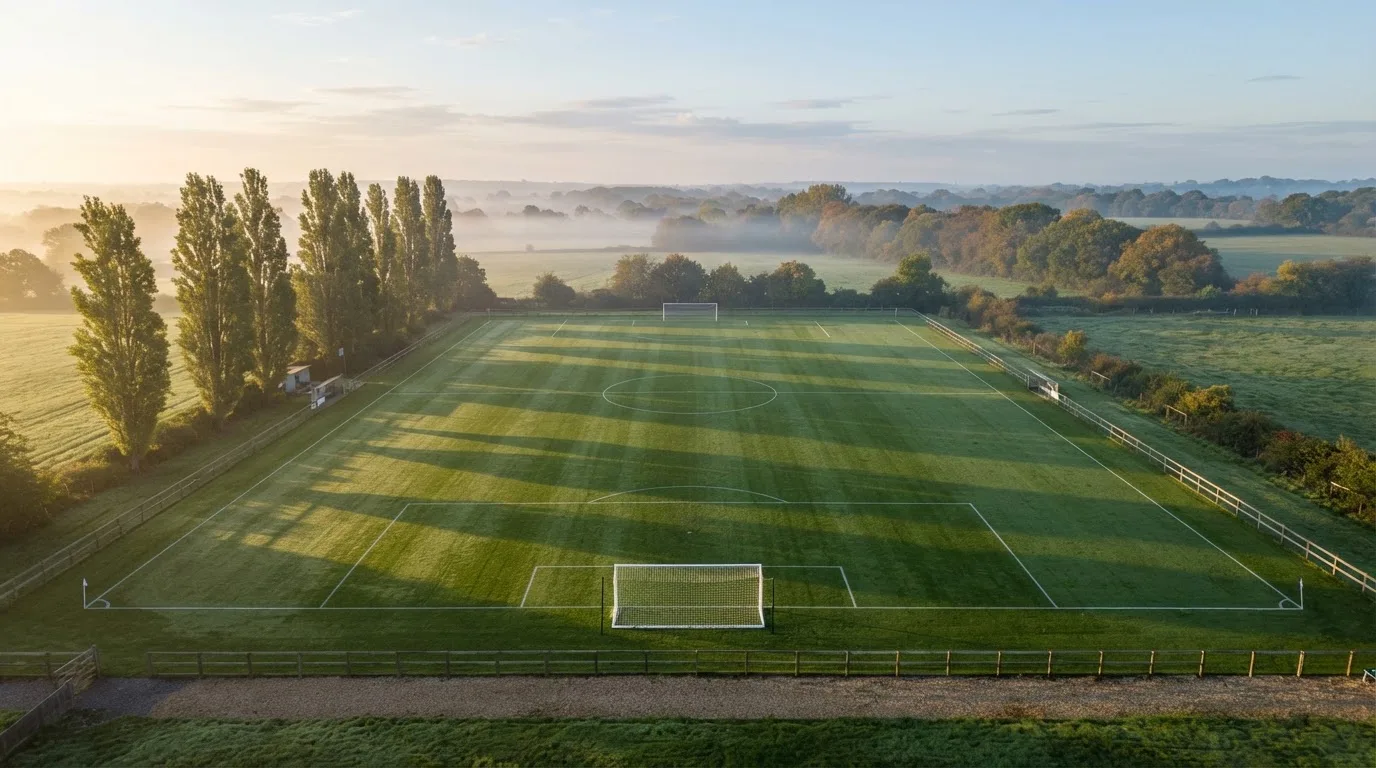 Ein leerer Fussballplatz mit weissen Linien von oben gesehen im Morgenlicht, am Rand stehen zwei Tore und eine Reihe Pappeln.