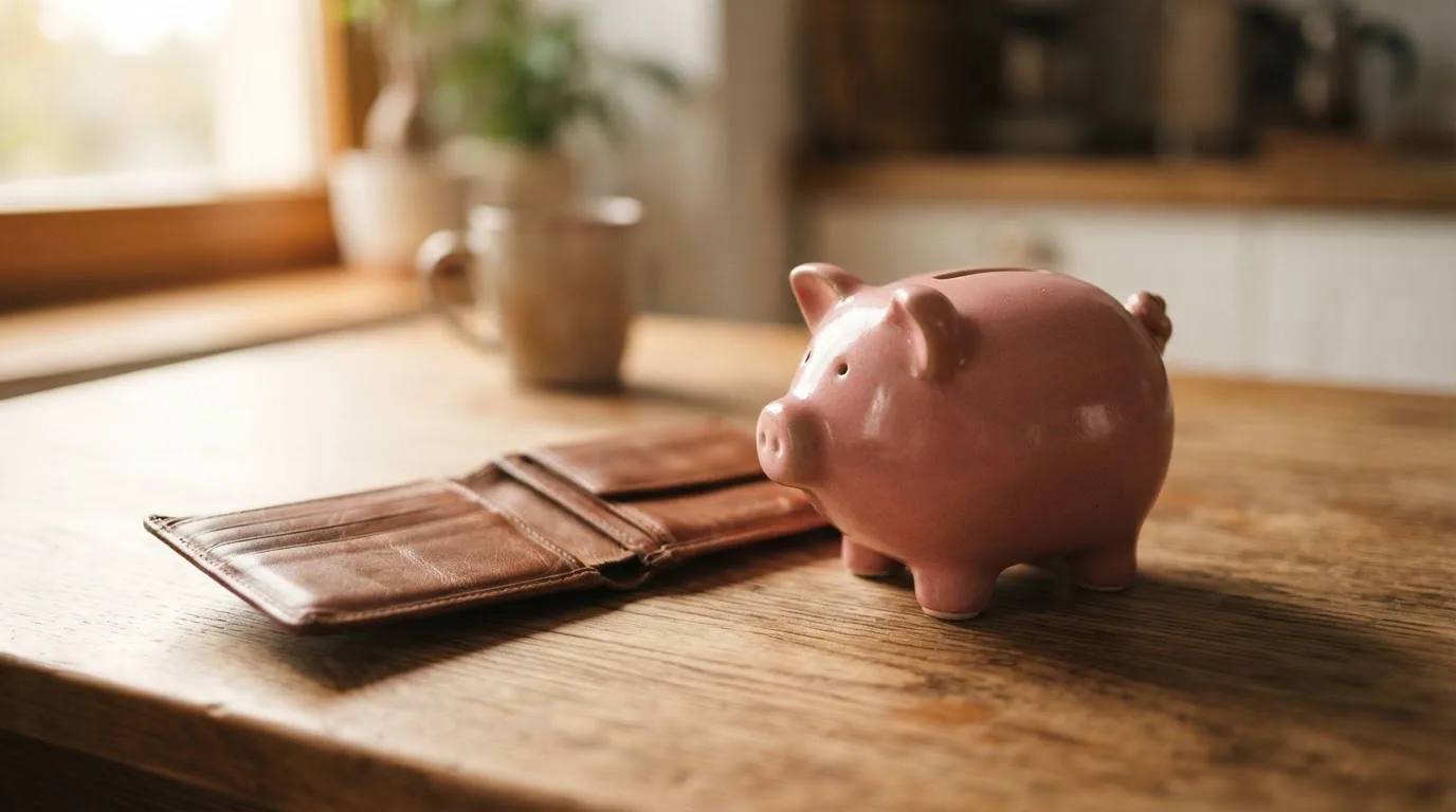 Ein Sparschwein aus Keramik steht auf einem Küchentisch neben einer leeren Geldbörse im Licht des Morgens.