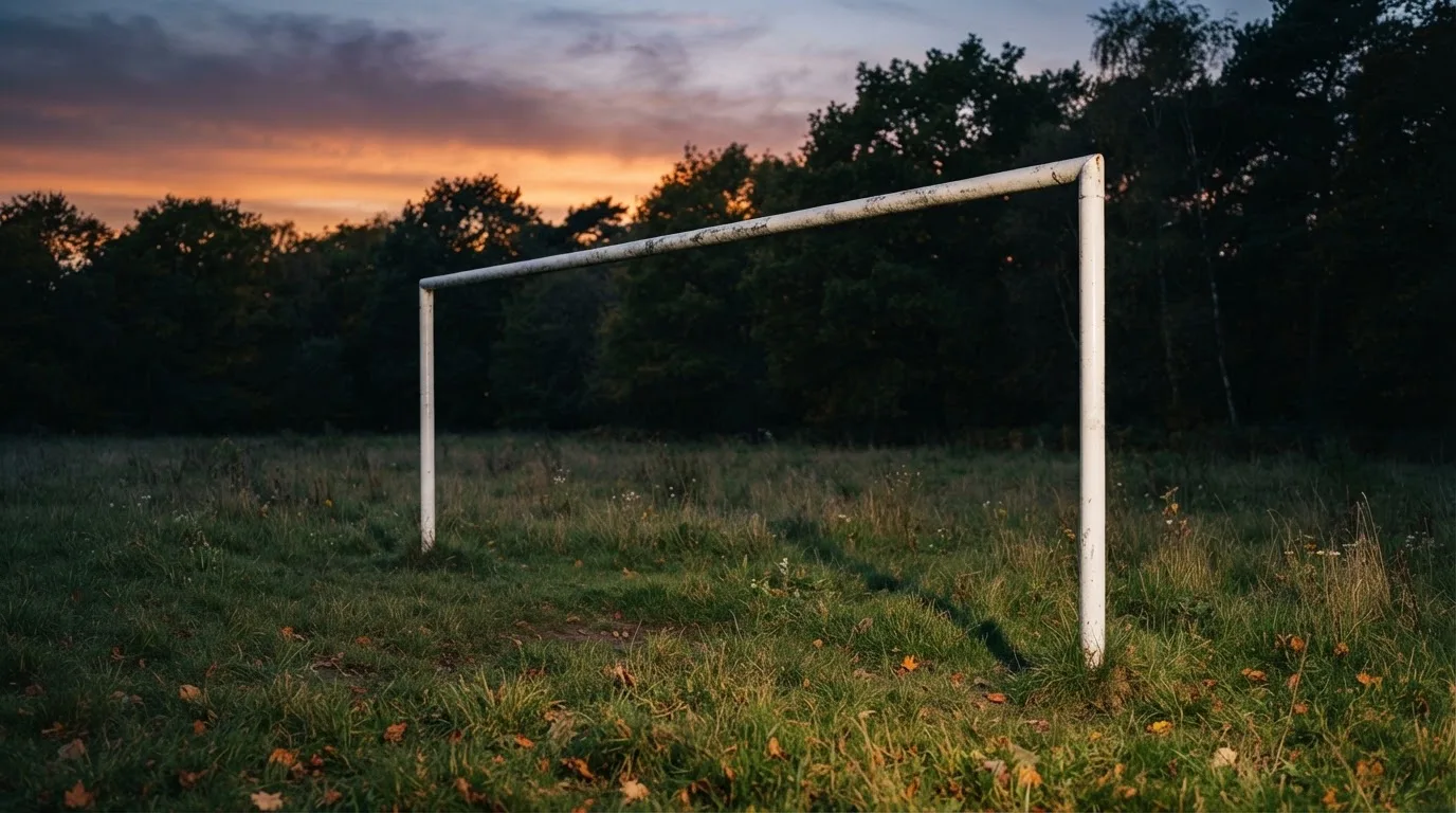 Ein Fussballtor ohne Netz steht auf einer Wiese am Waldrand, die Abenddämmerung färbt den Himmel orange.