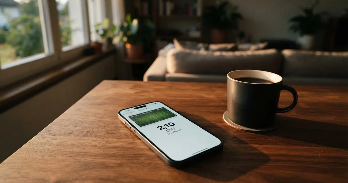 Ein Smartphone mit dunklem Display liegt auf einem Holztisch neben einer Kaffeetasse, durch das Fenster fällt warmes Abendlicht.