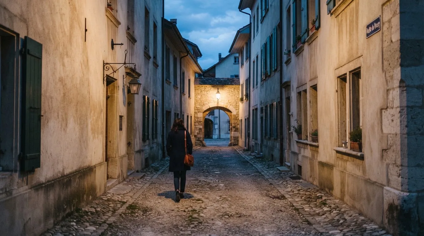 Ein schmaler Kiesweg führt zwischen zwei hellen Mauern durch eine Schweizer Altstadt, die Laternen sind noch nicht angezündet.