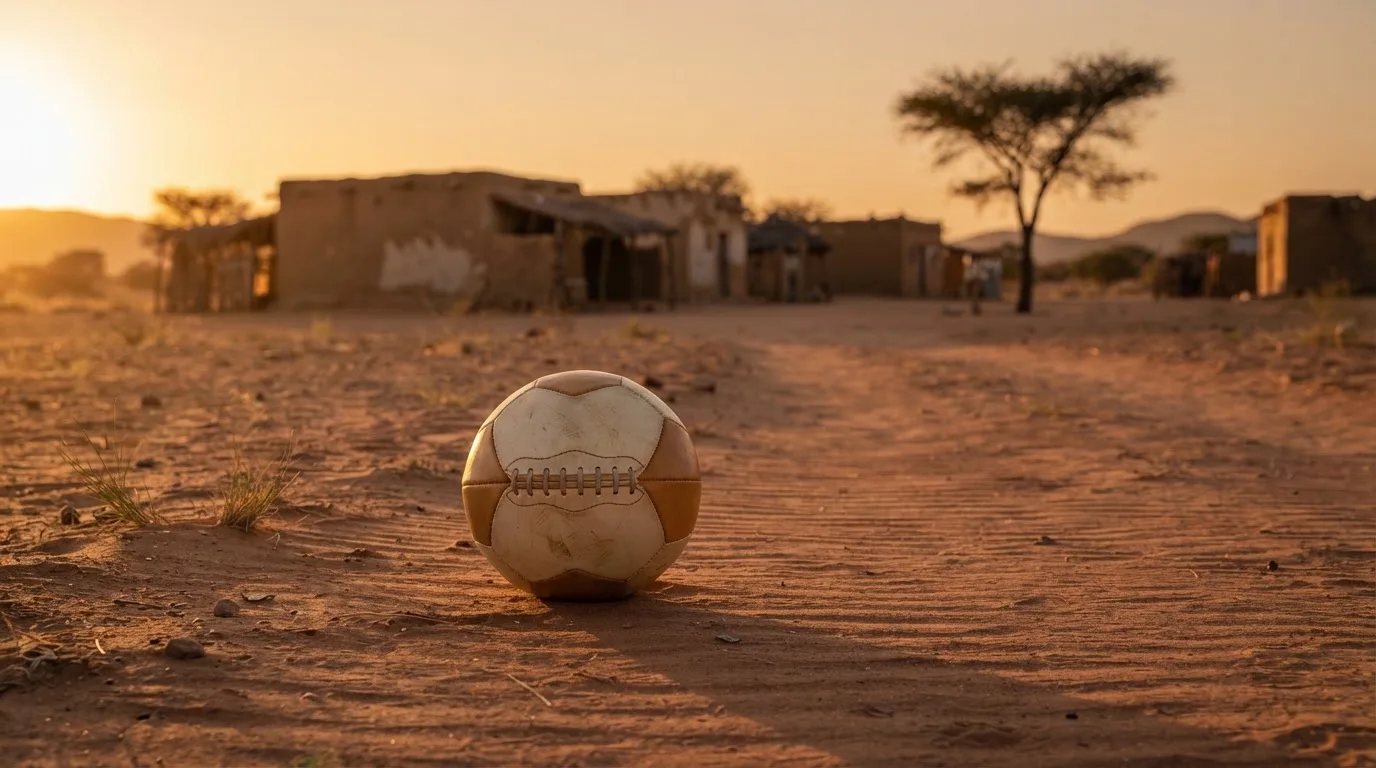 Ein Fussball liegt auf rotbraunem Sand am Rand eines Dorfes, die Abendsonne wirft lange Schatten.