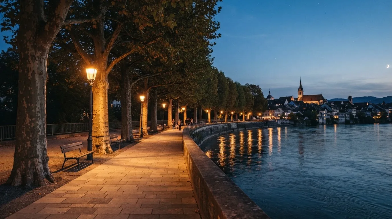 Eine Rheinpromenade mit hohen Bäumen am Abend, das Wasser spiegelt das Licht der ersten Laternen.