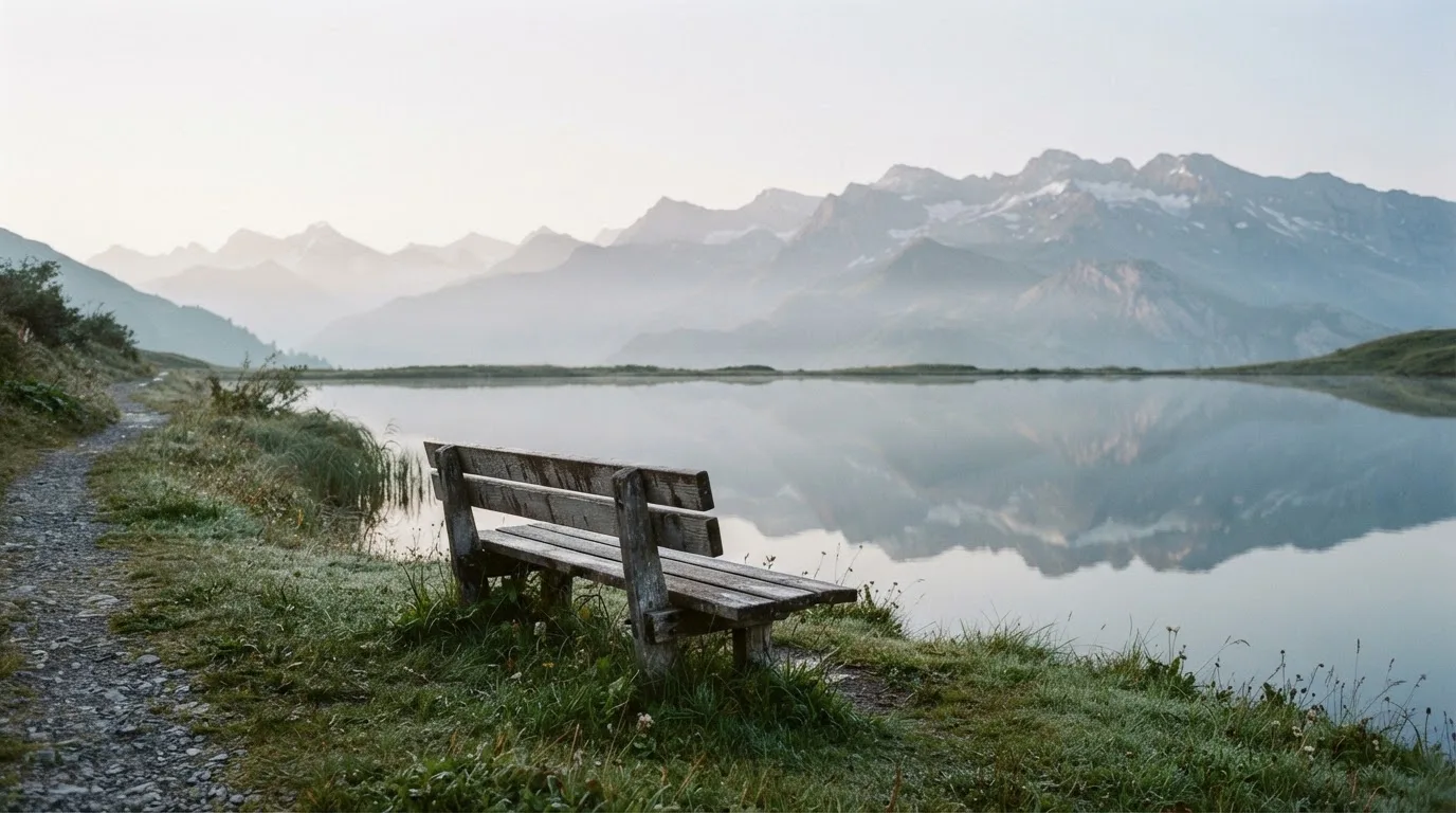 Eine Holzbank an einem Seeufer mit Blick auf eine Bergkette im Morgendunst, das Wasser ist spiegelglatt.