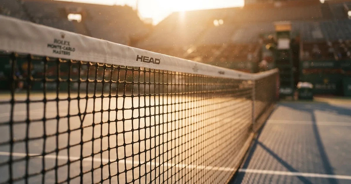 Ein Tennisnetz in Nahaufnahme im Gegenlicht der tiefstehenden Sonne, feine Staubkörner schweben über dem Platz.