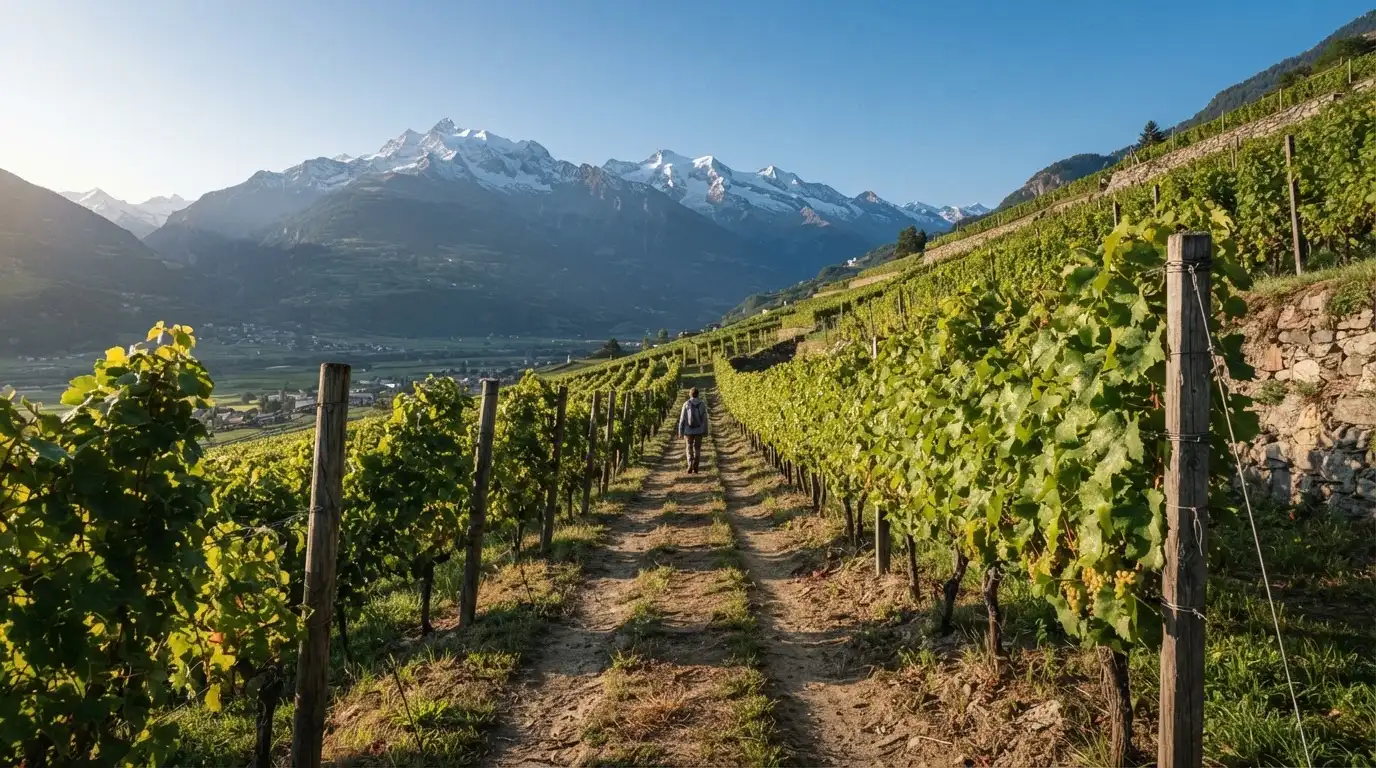 Ein Feldweg zwischen Weinreben im Wallis bei Sonnenaufgang, im Hintergrund hohe Berge und klare Luft.
