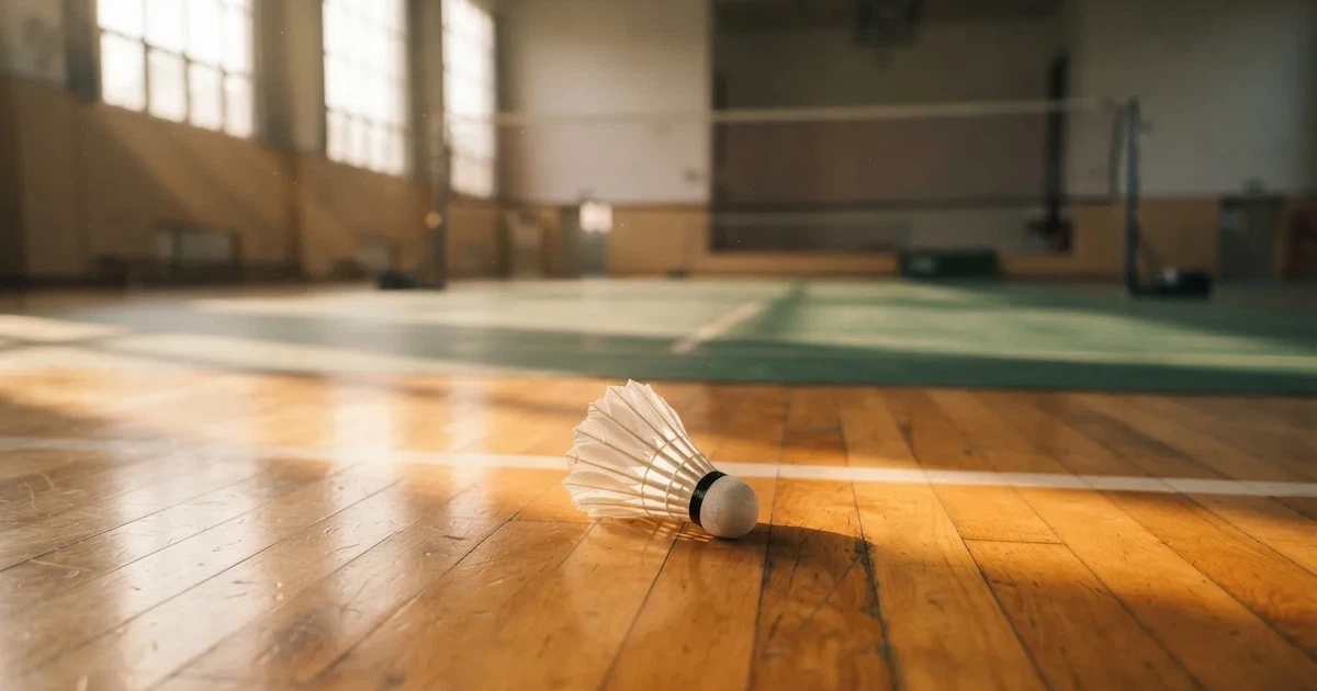 Ein Federball liegt auf dem Boden einer leeren Sporthalle, das Netz verschwimmt im Hintergrund, Licht fällt durch hohe Fenster.