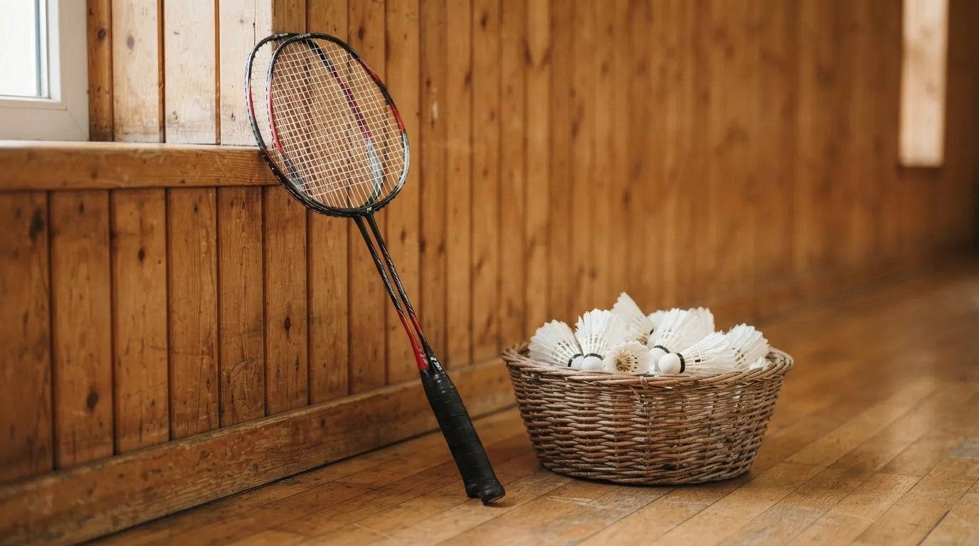 Zwei Badmintonschläger lehnen gekreuzt an einer Hallenwand aus Holz, daneben steht ein Korb mit Federbällen.