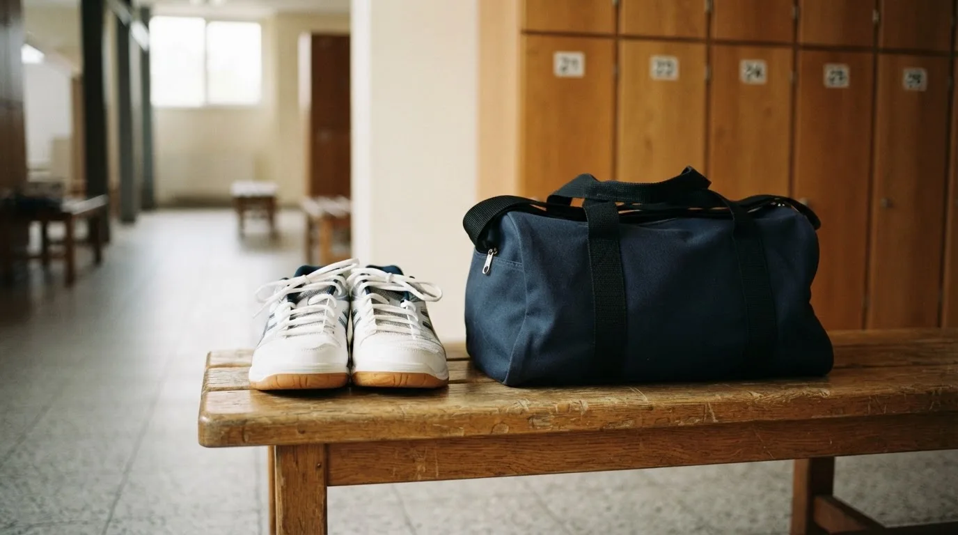 Ein Paar Hallenschuhe steht ordentlich neben einer Sporttasche auf einer Bank in einer leeren Garderobe, ein Fenster lässt Morgenlicht herein.