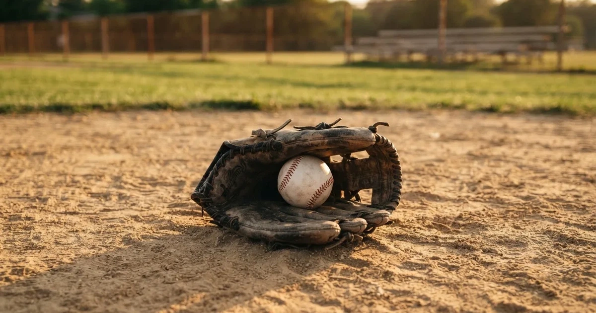 Ein Lederhandschuh und ein Ball liegen auf dem Sandboden eines leeren Spielfelds, die tiefstehende Sonne wirft lange Schatten.