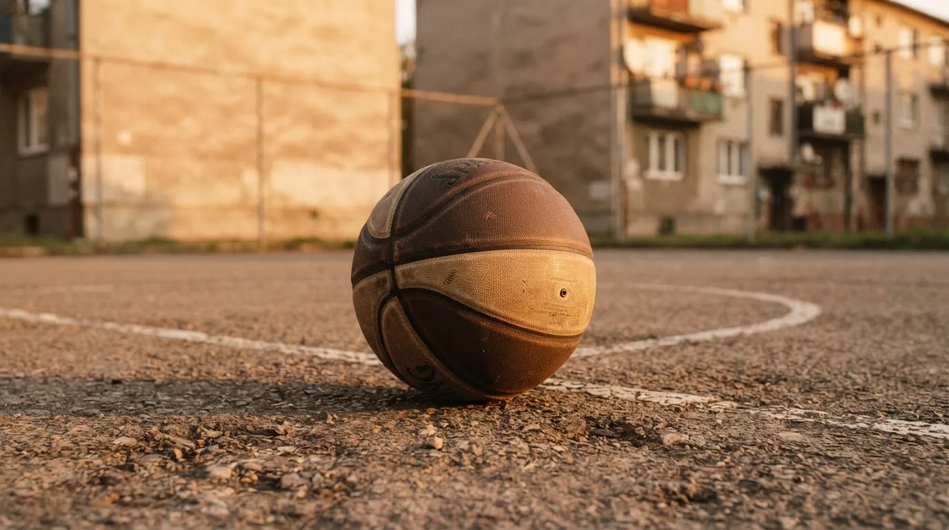 Ein Basketball liegt auf einem Asphaltplatz in einem Hinterhof zwischen Wohnblöcken, das Abendlicht färbt die Wände warm.