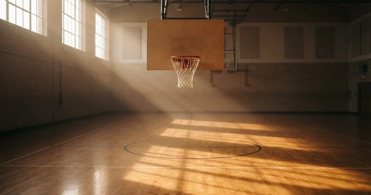 Ein Basketballkorb mit Netz in einer leeren Halle, Licht fällt von hohen Fenstern auf den glänzenden Parkettboden.