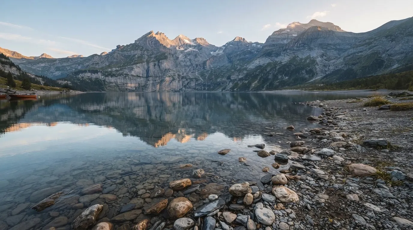 Ein Bergsee mit ruhigem Wasser und Gipfeln im Morgenlicht, am Ufer liegen glatte Steine.